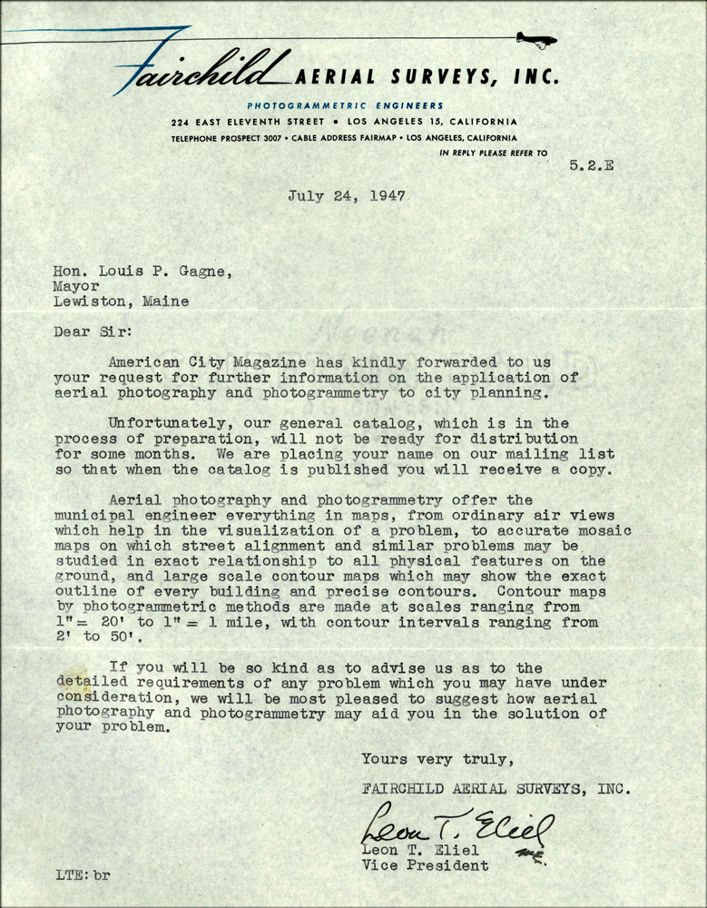 Letter from Fairchild Aerial Surveys Inc - (University of Southern Maine)